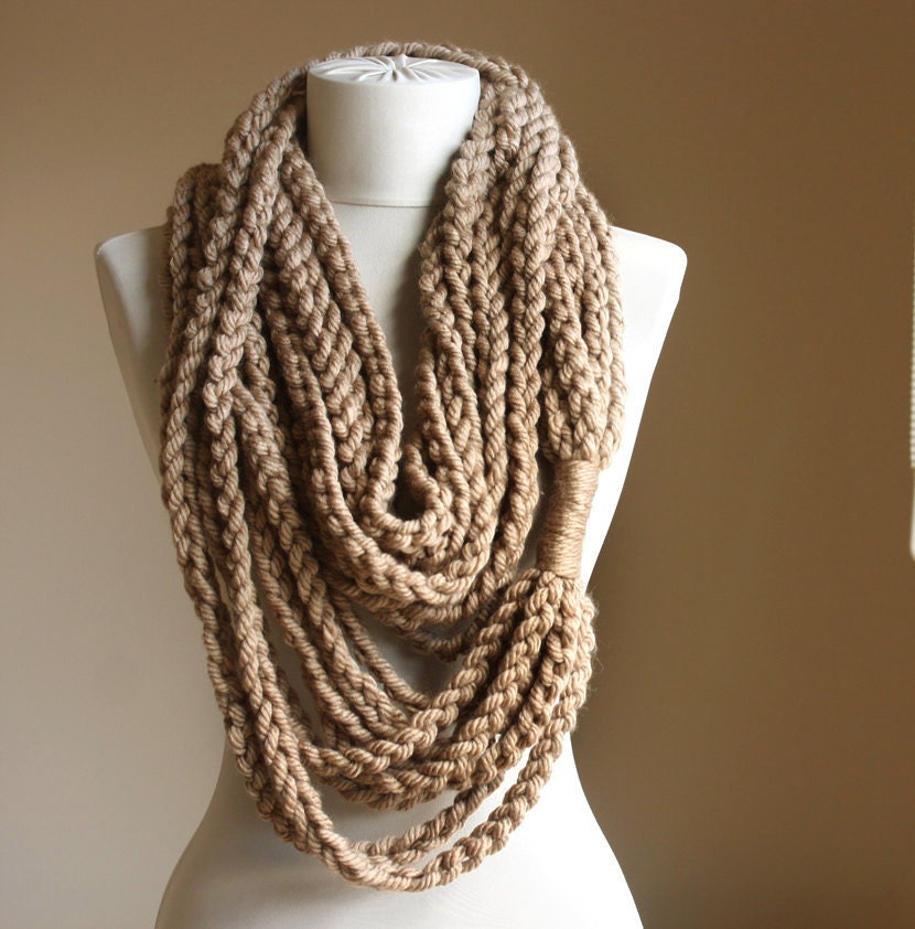 Beige crochet scarf Infinity chain scarf Oatmeal autumn fall fashion winter accessories - violasboutique