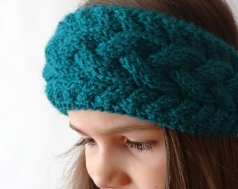 Hand Knit Headband, Winter Headband, Teal Blue, Cable Knit Headband