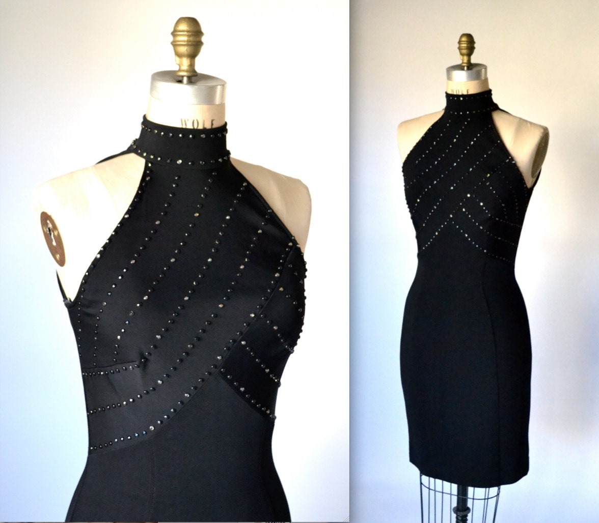 ... Size Large By Tadashi Vintage Black Body Con Dress with Halter Size
