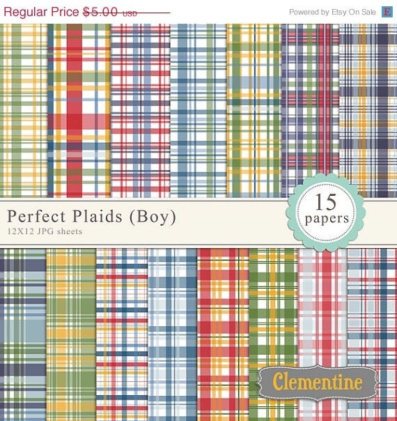 40% OFF SALE Printable Plaid scrapbook paper 12x12, digital scrapbooking paper, royalty-free commercial use - boy- Instant Download Il_570xn
