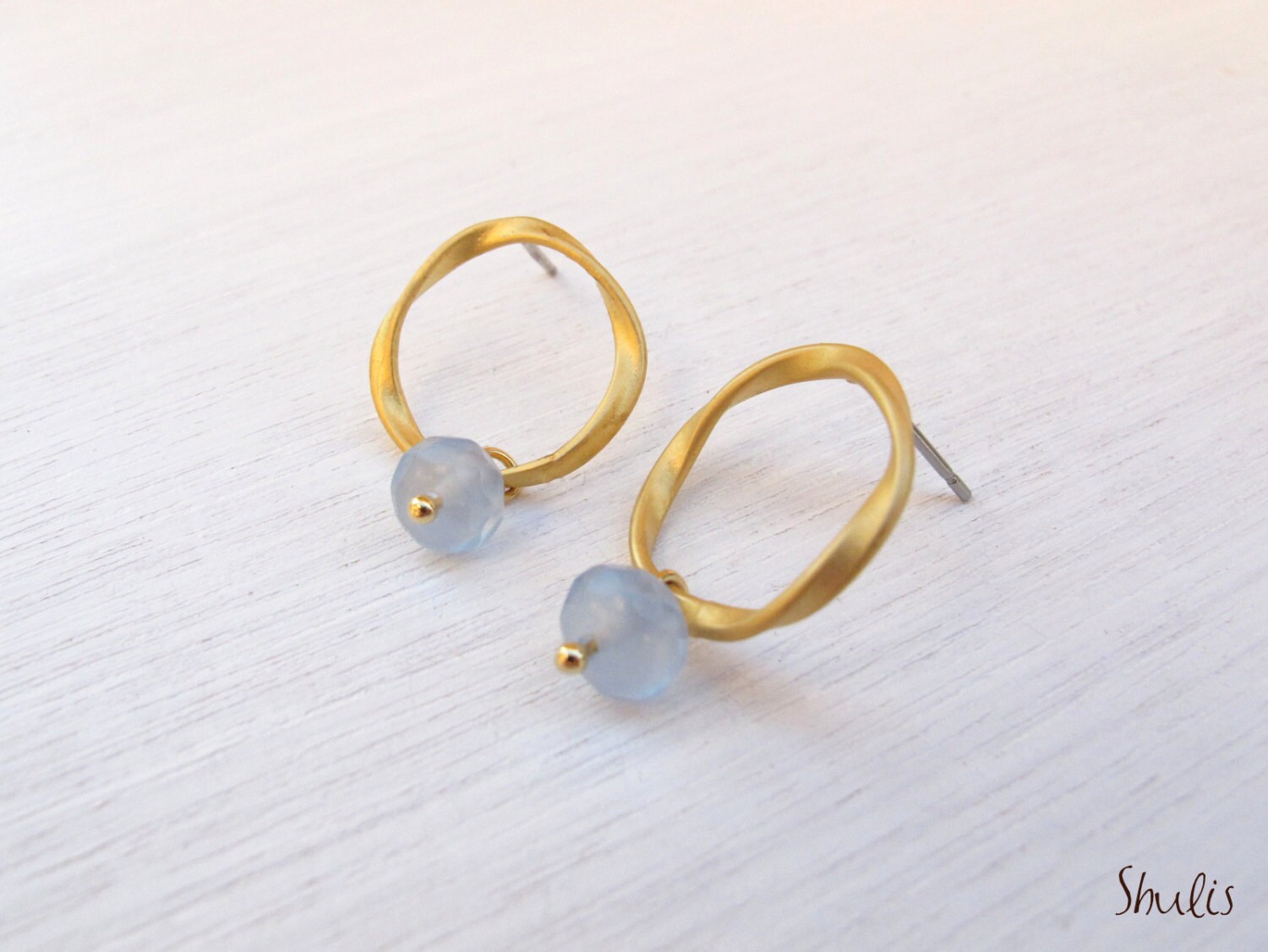 Round Post Earrings in Gold with a Blue Rondelle Bead by shulis