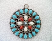 Vintage flower pendant/ faux turquoise and silver tone/ Native American inspired round pendant - BohoRain