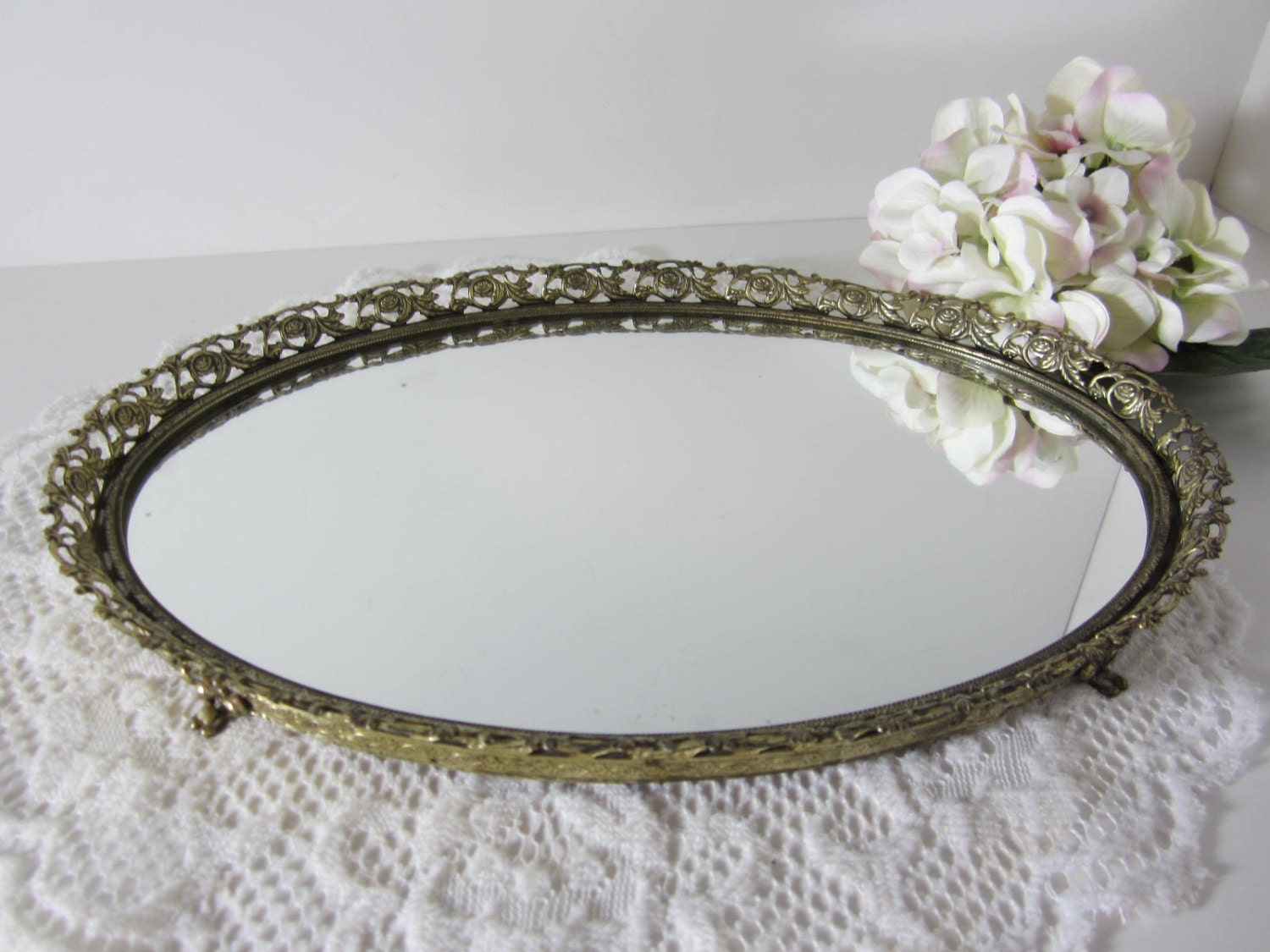 Vintage Mirror Dresser Tray Footed / Perfume by littlewoodenhouse