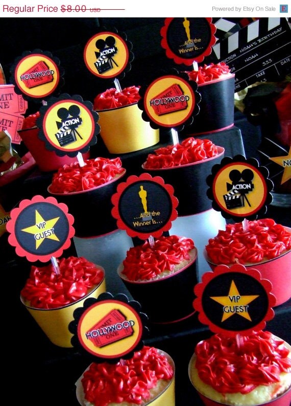SALE INSTANT DOWNLOAD - Set - Cupcake Toppers & Wrappers - Printable- Hollywood - Academy Awards - Oscar Night - Movie Night Il_570xn