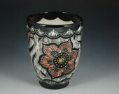 Sgraffito Indian Flower Design Tumbler with Color (Porcelain) - RebeccaAGrantCeramic