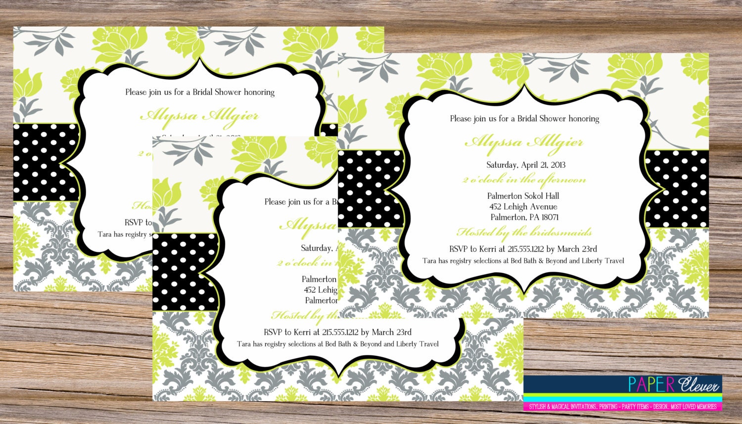 Bridal Shower Invitations, lime & grey modern flower - Digital File, printable #3100 Il_570xn