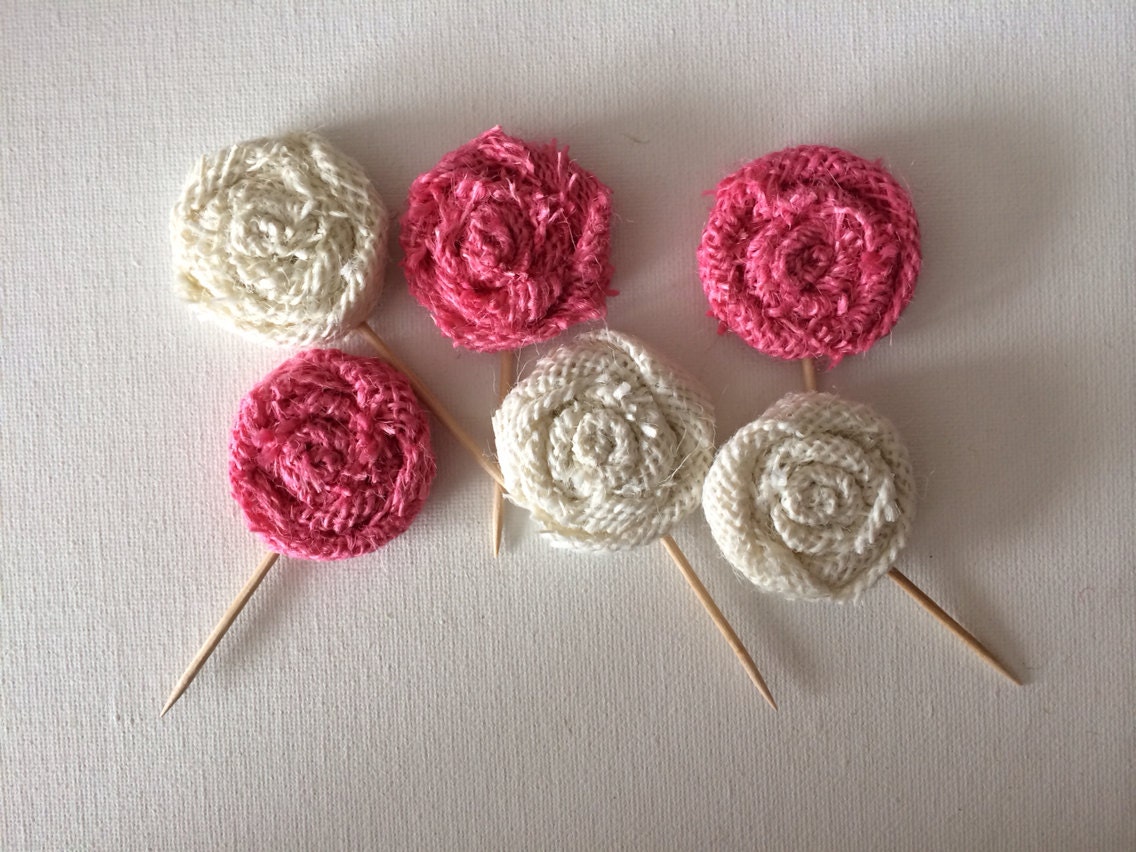 Pink and White Burlap Flower Cake or Cupcake Toppers
