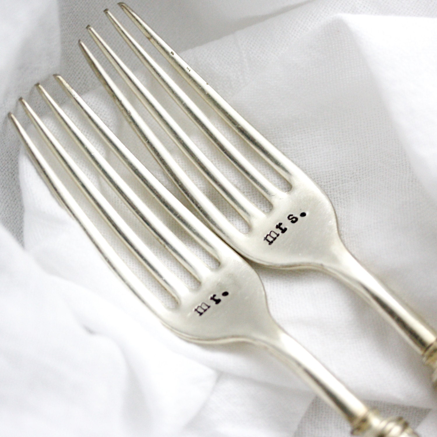 Table Setting: Mr and Mrs wedding forks. Hand stamped silverware for engagement gift. By MIlk & Honey