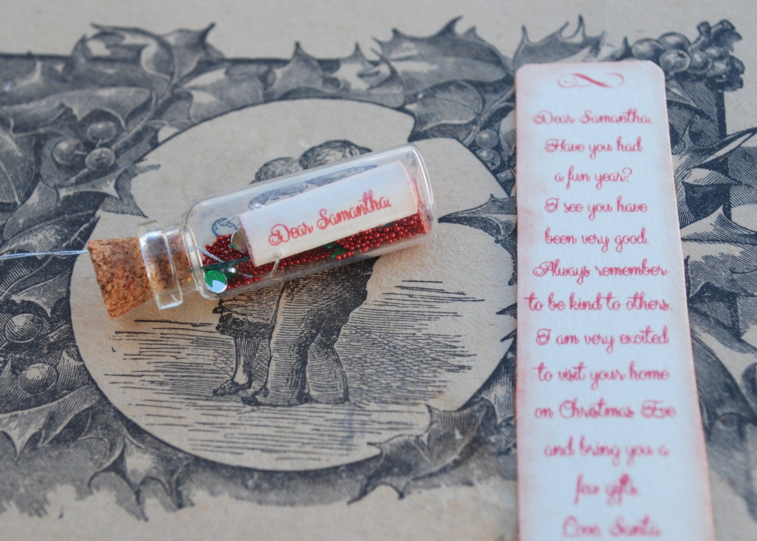 Letter from Santa, Message in a bottle, Christmas Letter, Red, Green - thesetinytreasures