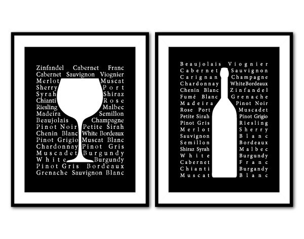 Room Decor - Wine Bottle Wine Glass Typography Duet - Kitchen  Wall Art - Two 8 x 10 or larger prints - Your choice of background