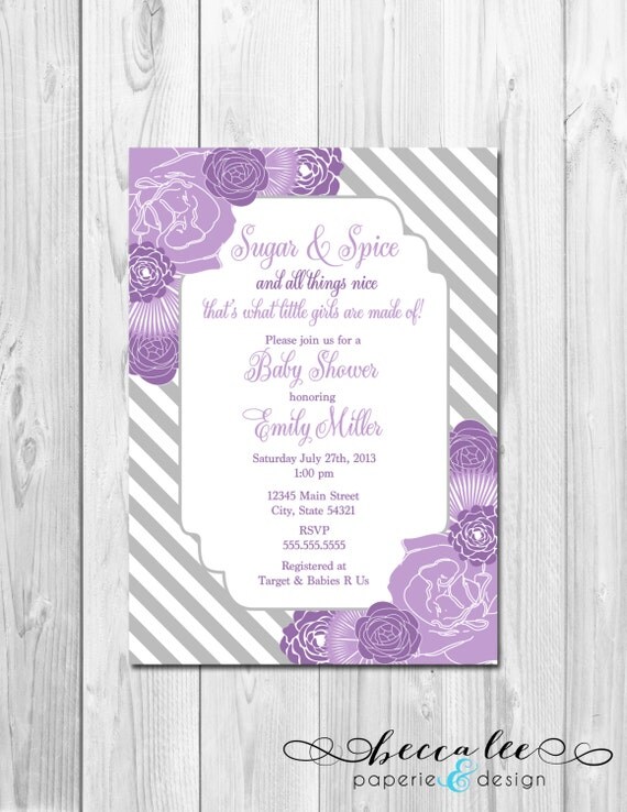 Sugar and Spice Baby Shower Invitation - Stripes and Flowers - Purple and Grey - DIY - Printable Il_570xn