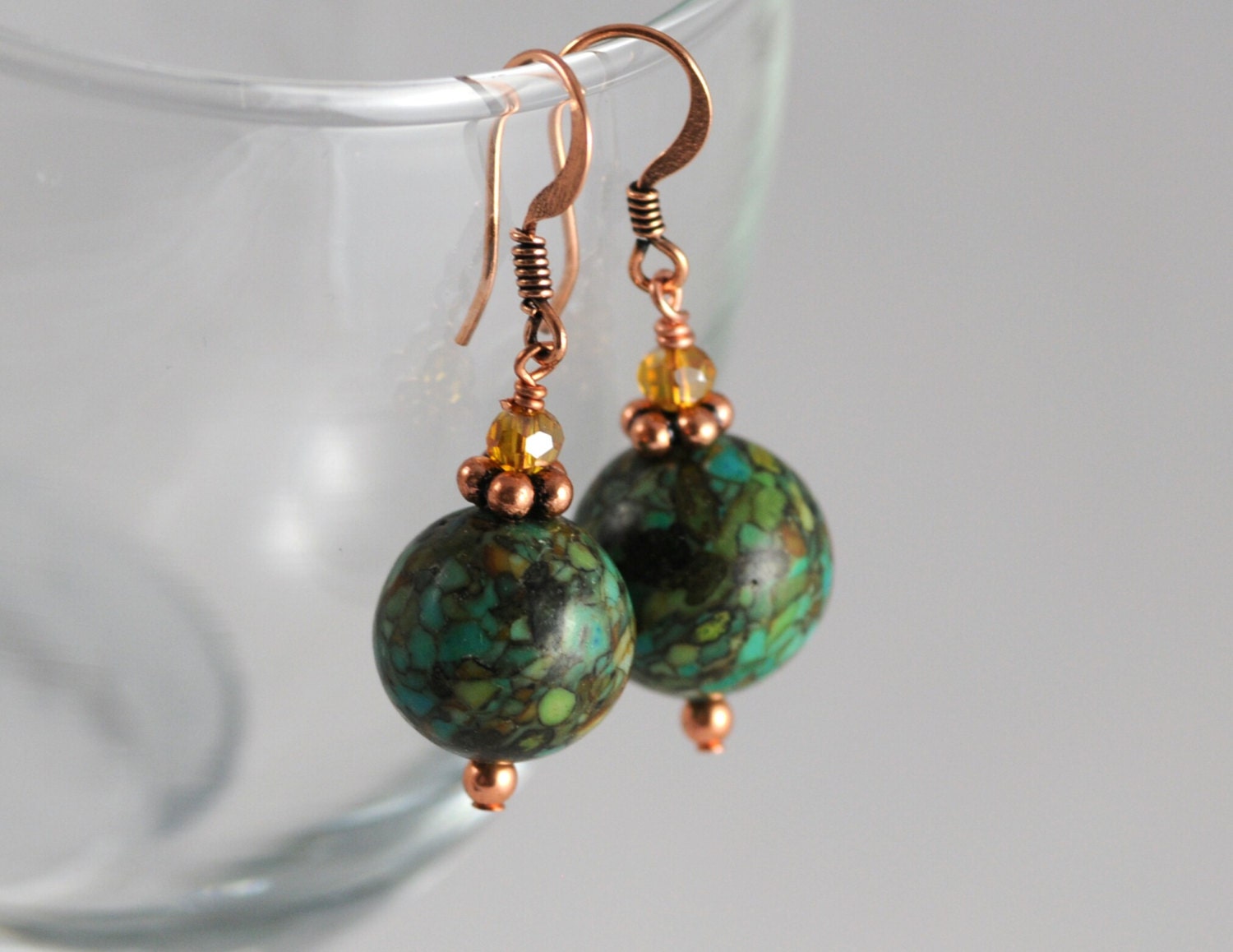 Green marble magnesite bead earrings with copper hooks - Azurika