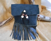 Handsewn, Handstitched Leather Belt Bag, Cell Phone Bag, Key Chain, Black Cowhide Leather, OOAK, Native American by Oglala Lakota Artist - FaerieTeaAndTreasure