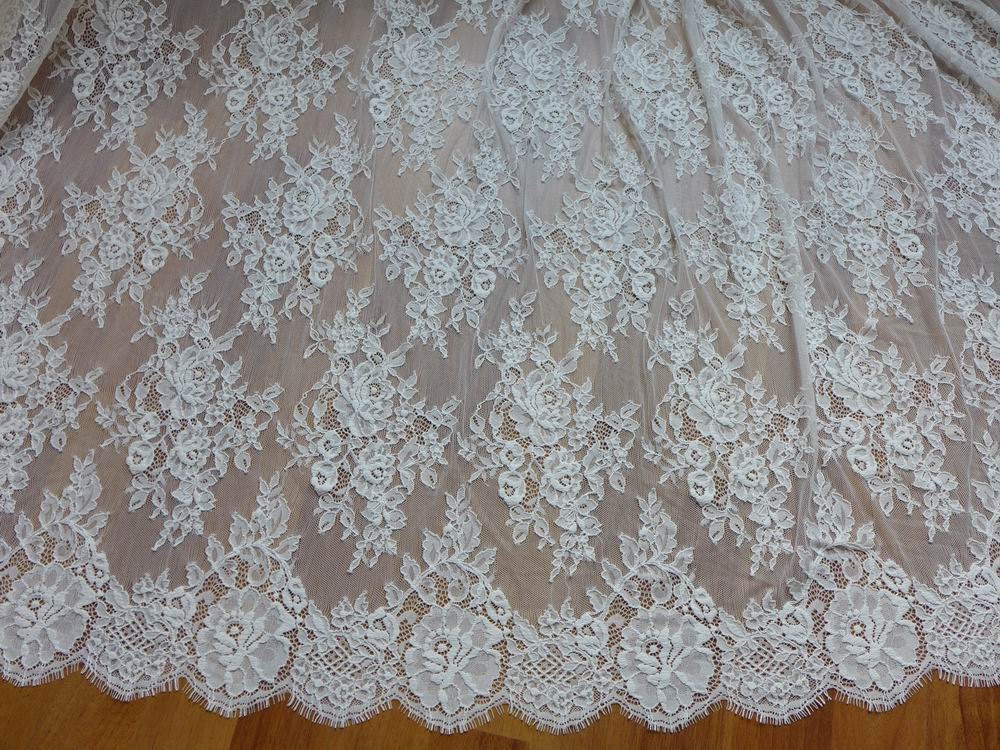 White Chantilly Lace Fabric Beautiful Roses Floral Wedding