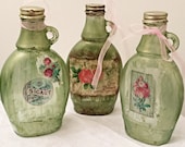 Shabby Chic Vintage Bottles in Antique Green and Pink Rose Set of 3 - EverythingDawnHome