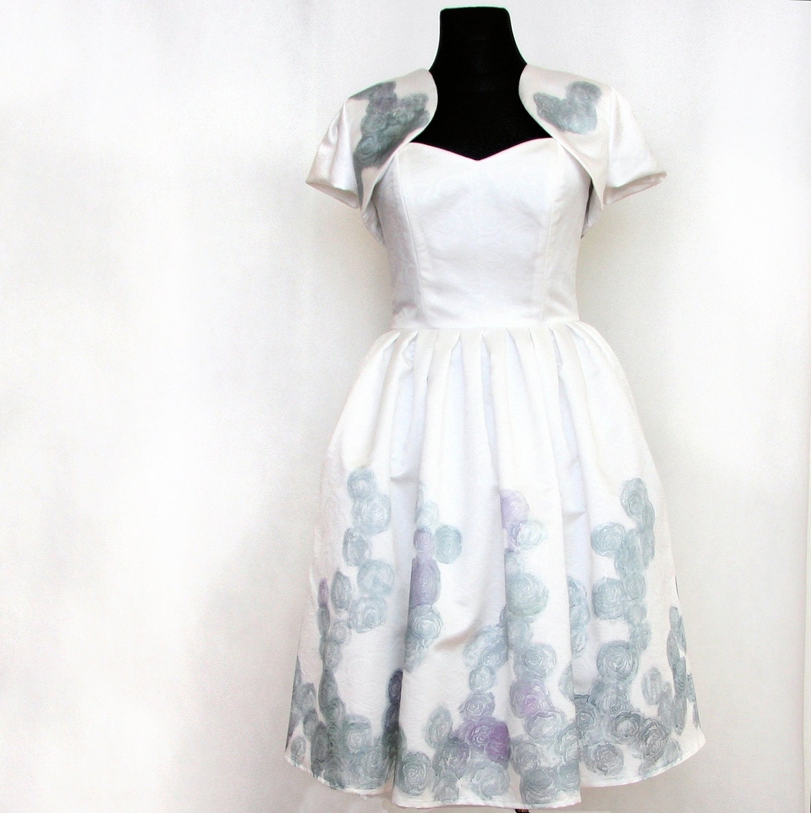 Hand-painted dress with satin embossed with flowers in retro style - DorSilk