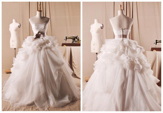 Ivory A Line Organza Strapless Lace up Brilliant Bowknot Wedding dress Evening Gown Prom Dress  Chapel Train Dress Formal