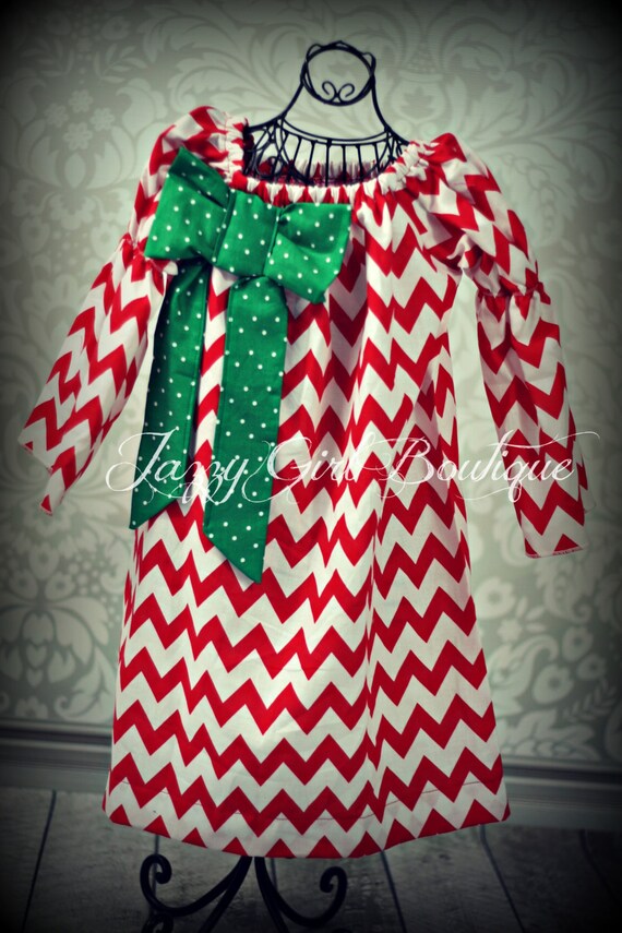 Girls Christmas Peasant Dress in Red Chevron by JazzyGirlBoutique