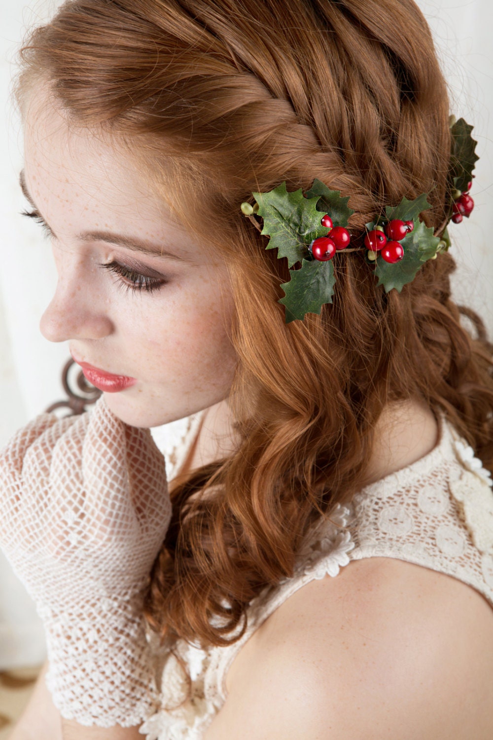 holly hair accessories, christmas hairpiece, holly berries hair clip -MERRILY- green holly leaves, red hair accessory, headband headpiece