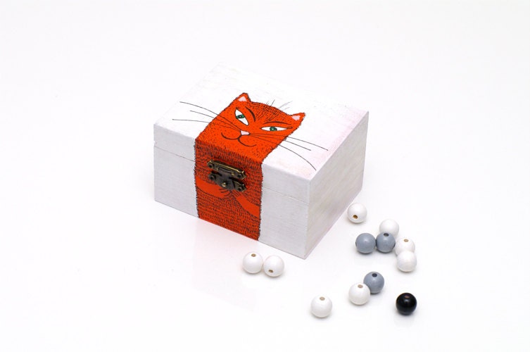 Wooden box with funny orange cat / White small jewelry box for little girl Gift for cat lover / Minimalistic wooden box / Animal painting - AstaArtwork