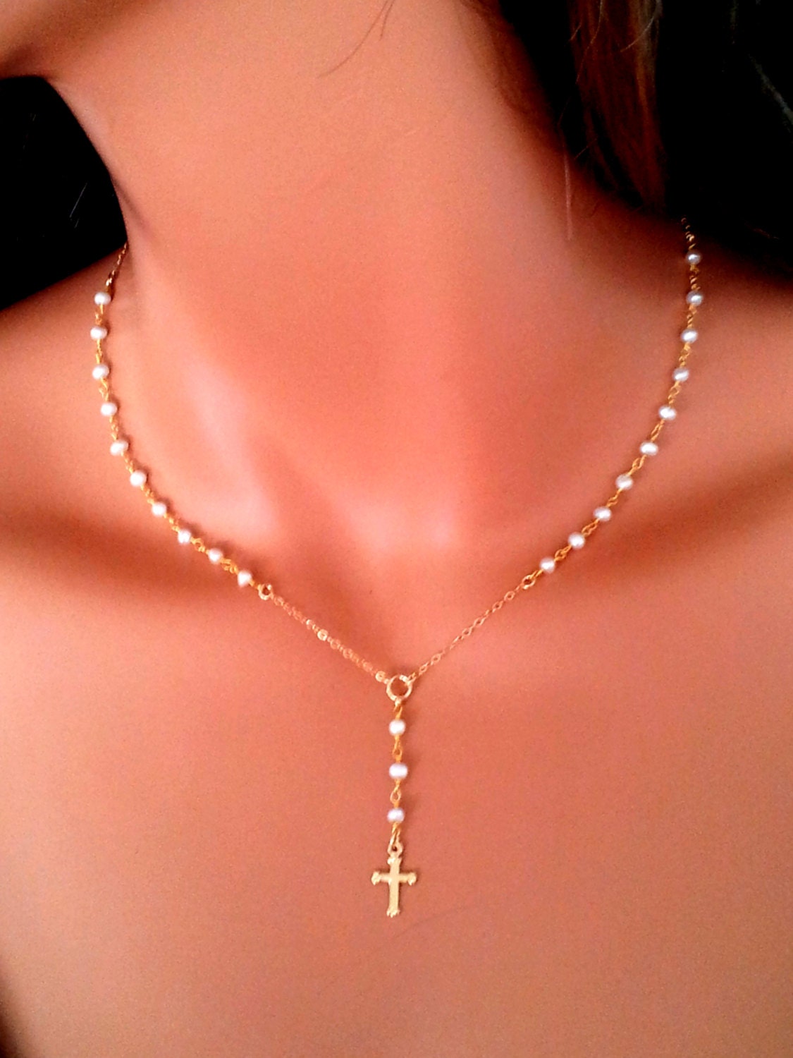 Petite Pearl Rosary Necklace Women Cross Pendant Rosaries 14kt ...
