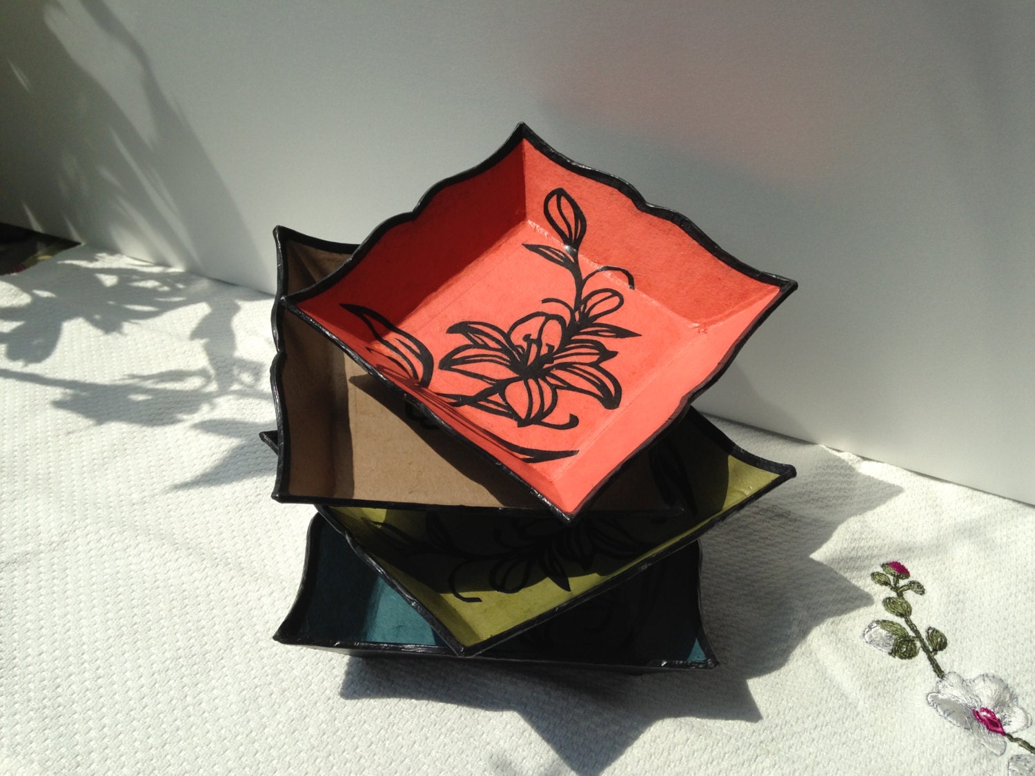Hanji Trays Plates Tiger Lily Design Square Handmade (Set of 4) - HanjiNaty