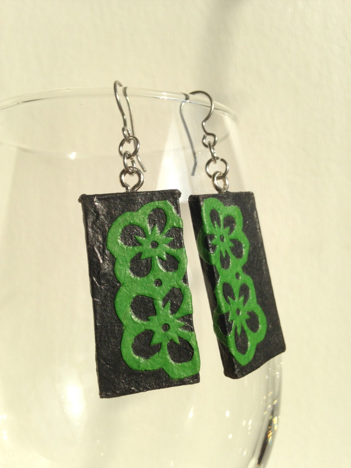 Black Green Handmade Hanji Paper Dangle Earrings Flower Design Hypoallergenic hooks Lightweight Ear rings - HanjiNaty
