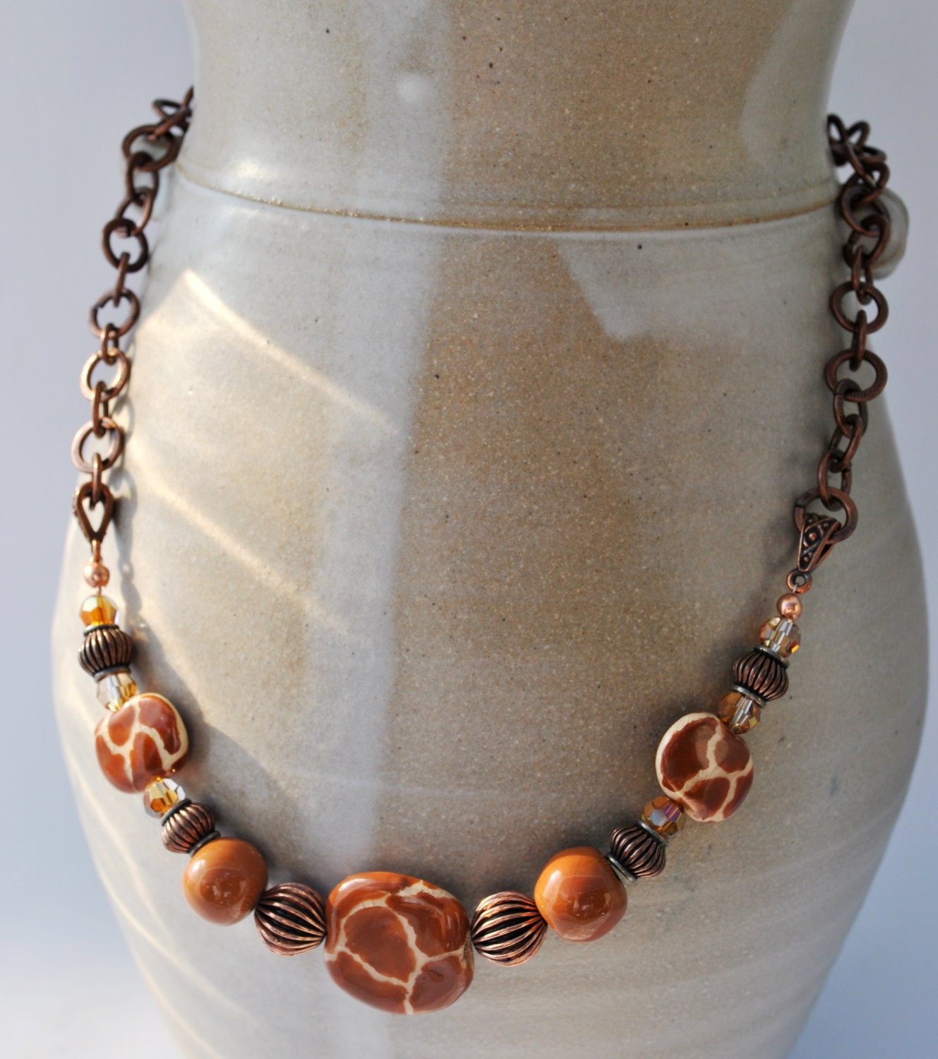 African Kazuri Ceramic Necklace Set with giraffe patterned beaded jungle print - Beechtree