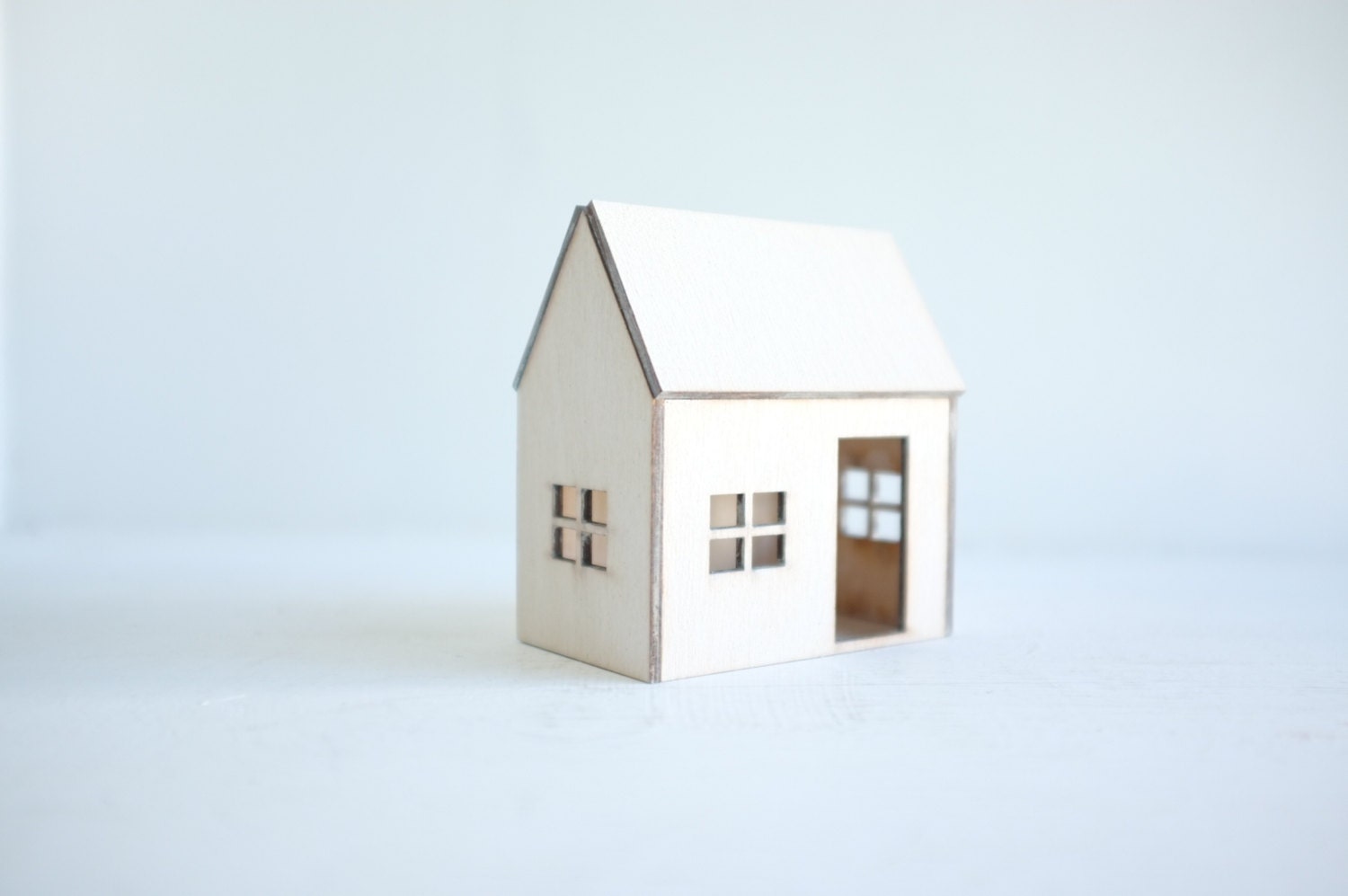 Whitewashed miniature house - small winter white architecture - little wooden geometric structure in ivory - 2of2