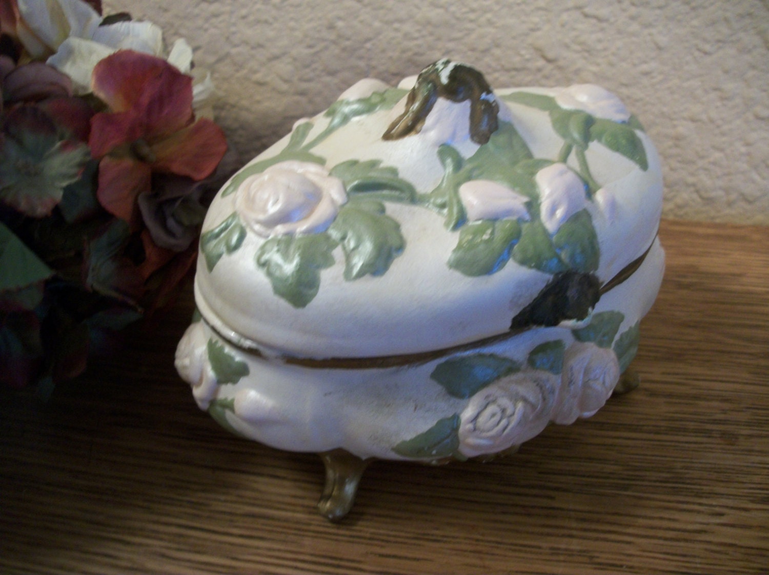 Dresser Top Jewelry Box White Ceramic with  Pink Roses and Green Leaves Gold Trim Shabby Cottage Vintage 1960's Handcrafted Trinket Dish - SpringJewelryThings