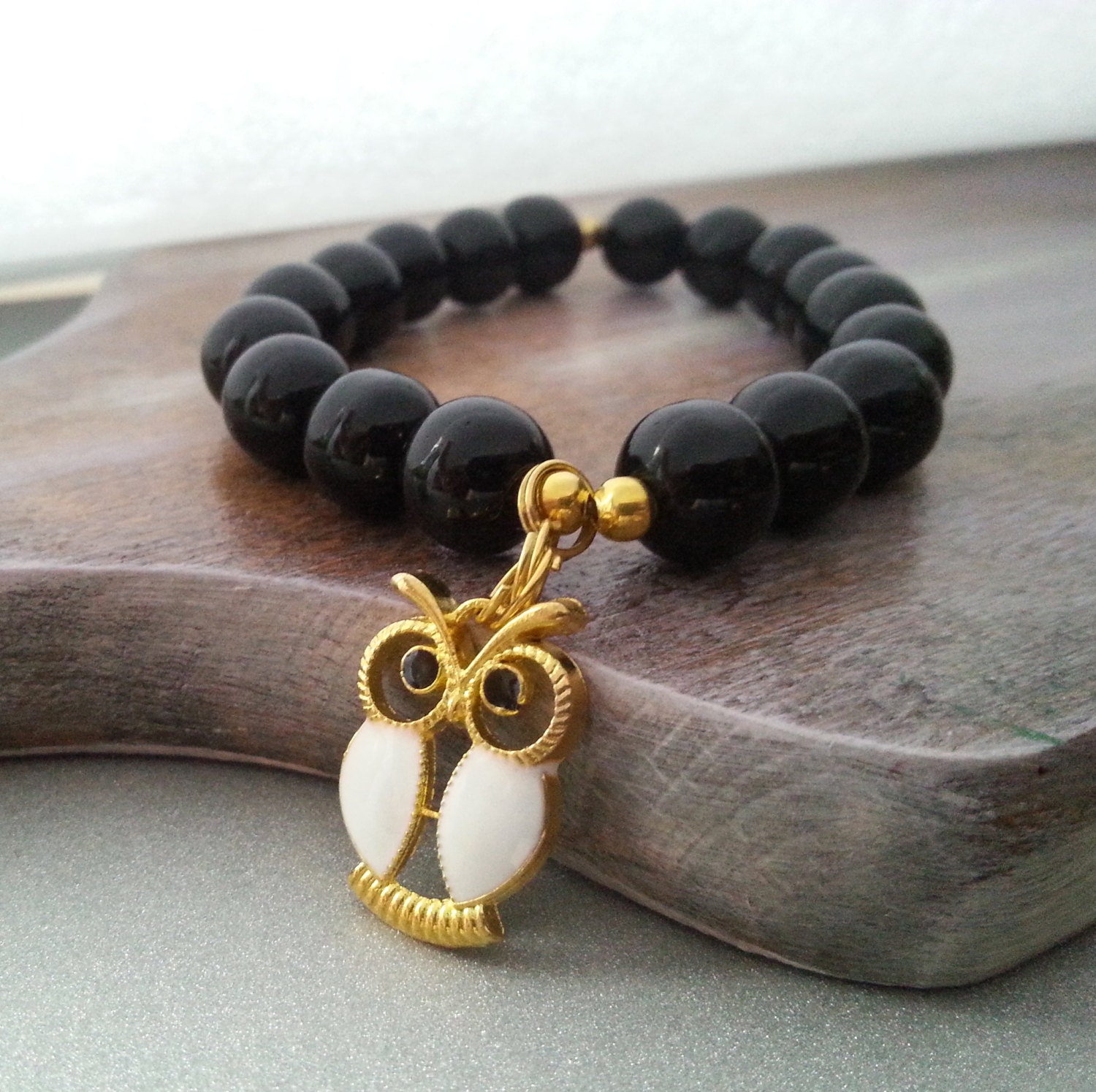 Black glass owl pendant bracelet christmas gift idea for her - MKedraDecoupage