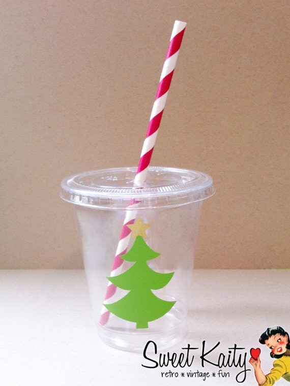 24 Vintage Christmas Tree Party Cups, Lids, and Paper Straws - 12 oz or 16 oz - Vinyl Tree Decal with Metallic Gold Star - Holiday Party Il_570xn