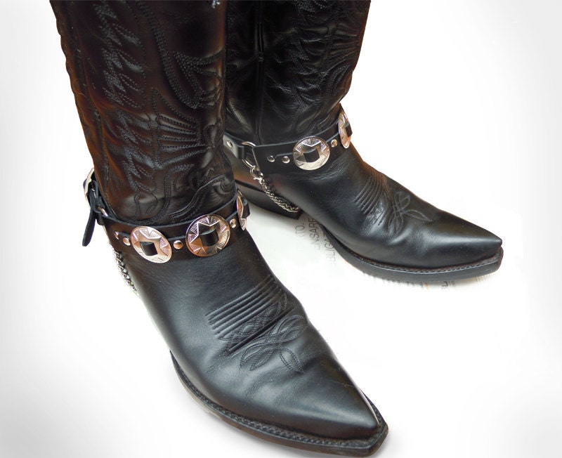 Leather Boot Straps with conchos and chains spurs by LeatherD