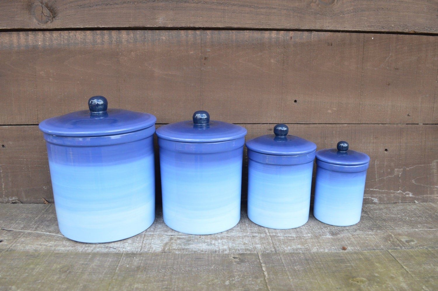 One Of A Kind Set Of Blue Ombre Ceramic Canister Set With