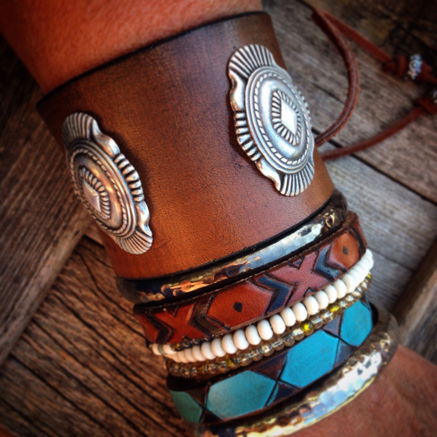 Southwest Leather Cuff Bracelet Western Cuff Rustic Jewelry