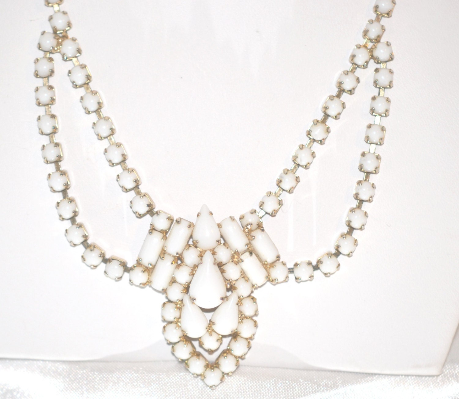 Vintage White Milk Glass Rhinestones In Gold Tone Setting