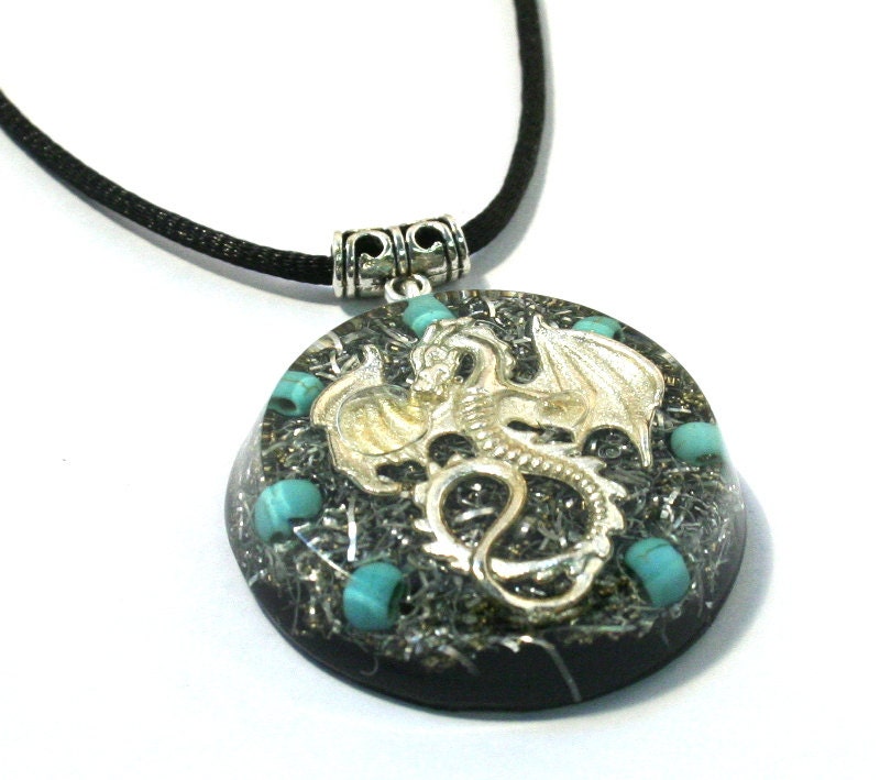 Dragon Orgonite Pendant Necklace - Turquoise  - EMF Protection and Energy Healing Crystal Jewelry   - LARGE