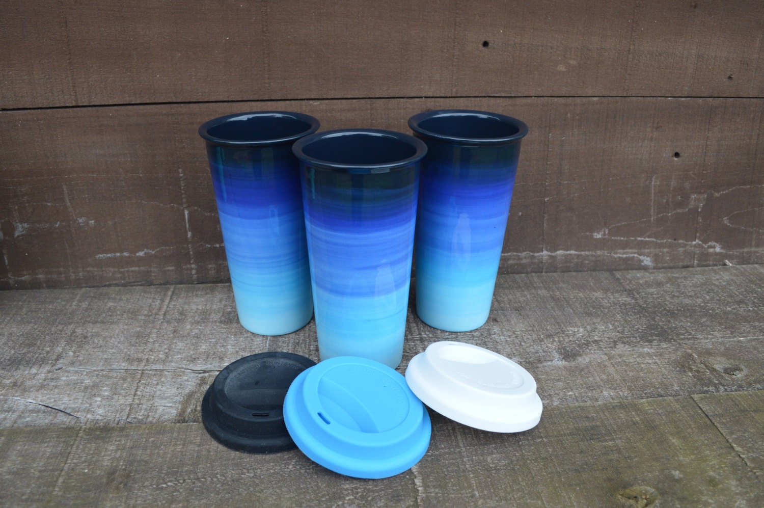 Blue Ombre Large Ceramic Travel Mug With Silicone Lid Bright