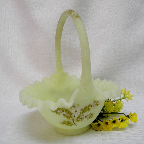 Fenton Burmese Basket Uranium Glass Handpainted Signed