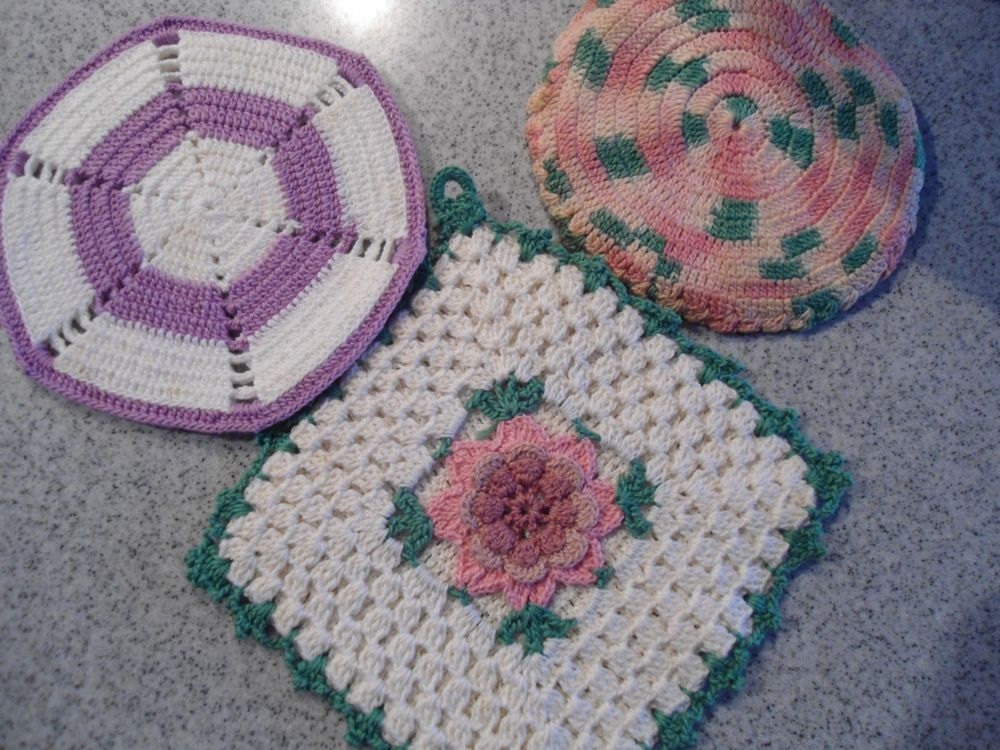 Trio Vintage Hand Crocheted Hot Pads And Pot Holder