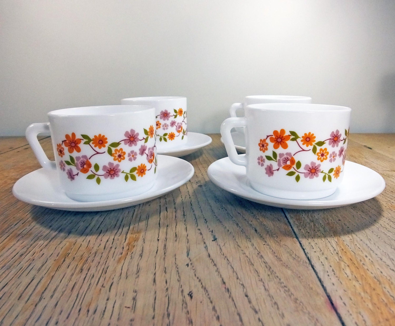 Retro Arcopal Scania Cup And Saucers X 4 Orange And Pink Flowers