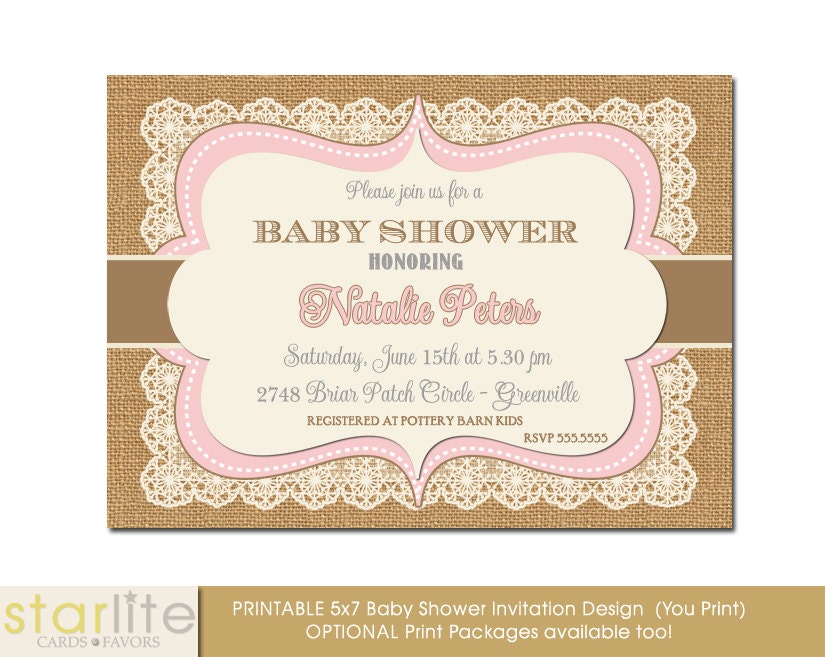  vintage style baby shower invitation, pink and brown