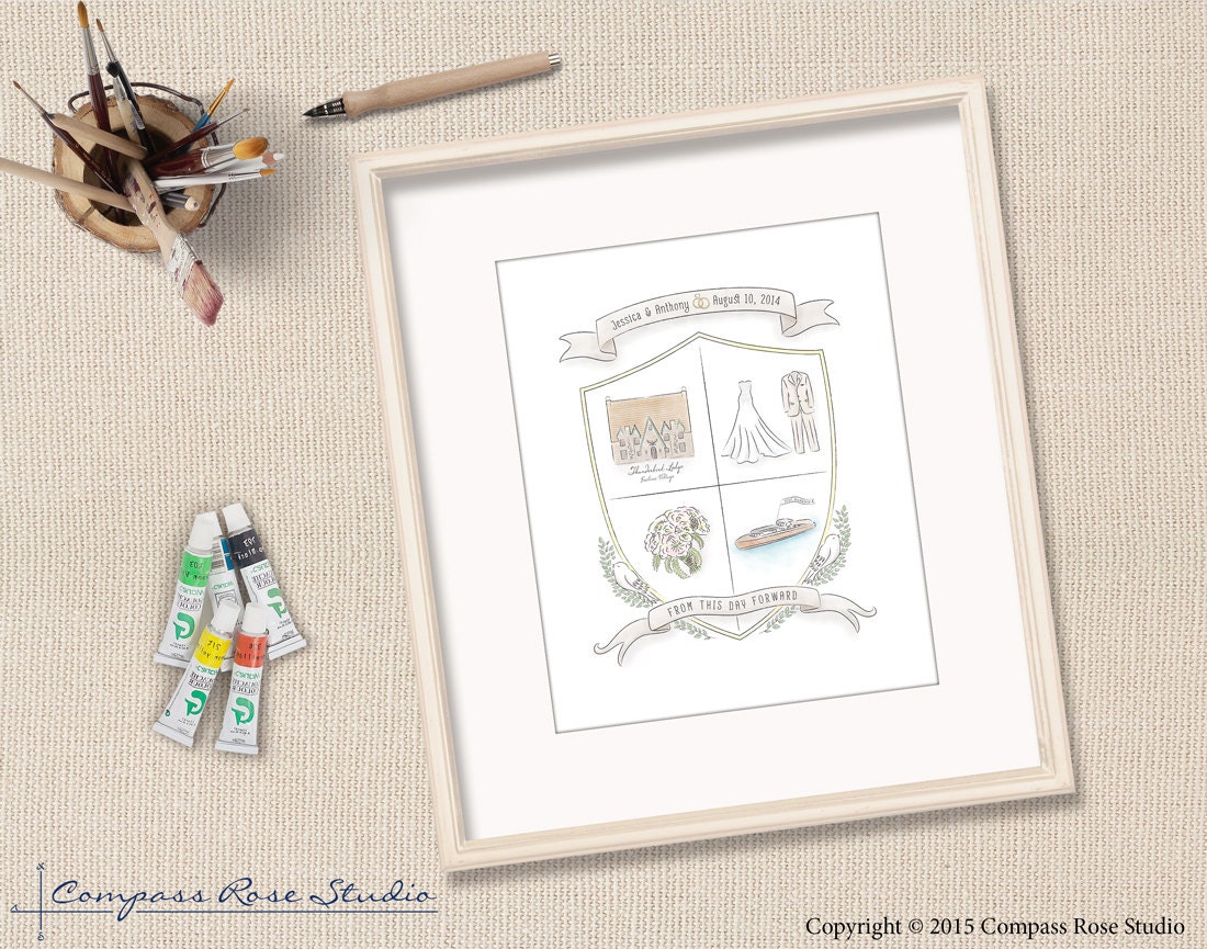 Custom Wedding Crest, Alternative Guest Book, Personalized Wedding Gift, Family Crest Watercolor, Custom Artwork, Wedding Illustration