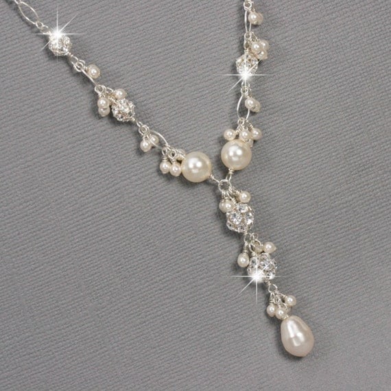 Pearl and Rhinestone Y Drop Necklace Cluster by LizardiBridal