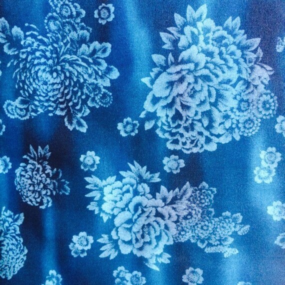 Blue Japanese chrysanthemum fabric by the yard by WoodlawnDesigns