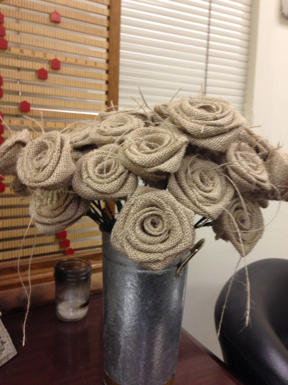 Burlap Roses on Stems-Light Natural-Set of 8-Rustic DIY Decorations