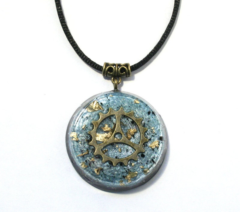 Steampunk Orgonite Pendant - Black Tourmaline and 24k Gold - EMF Protection and Energy Healing - Orgone Jewelry - Small