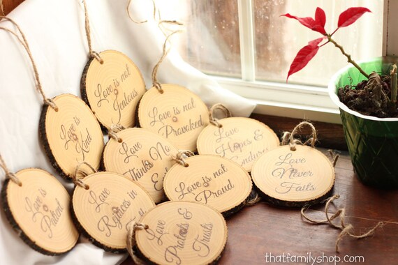 Corinthians Aisle Markers 'Love is Patient, Love is Kind..', Set of Ten 1.Cor.13: Rustic Wedding Bible Decorations Verses