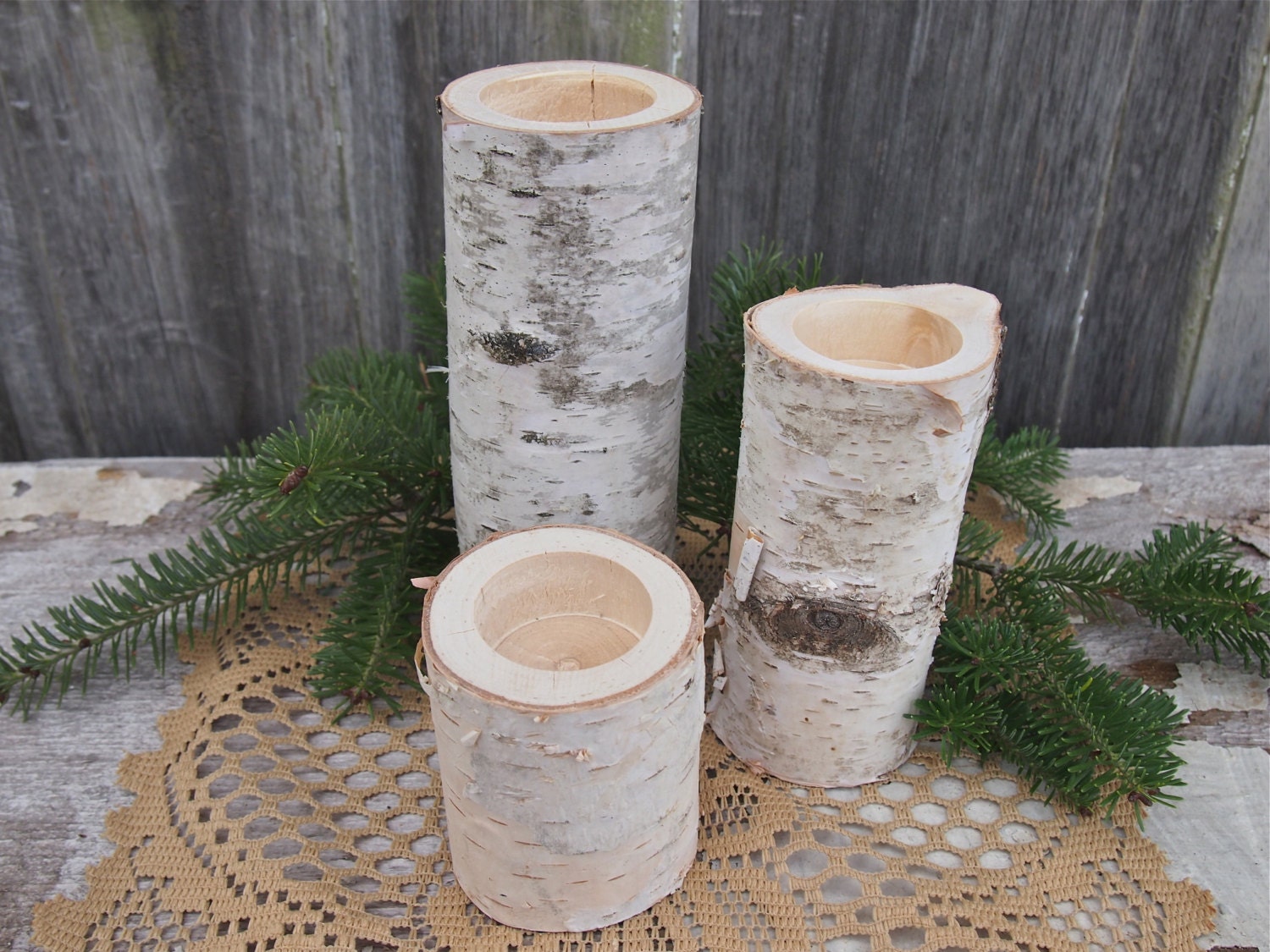 3 WHITE BIRCH Wood Candle Holders - Simple Natural Wedding Decor