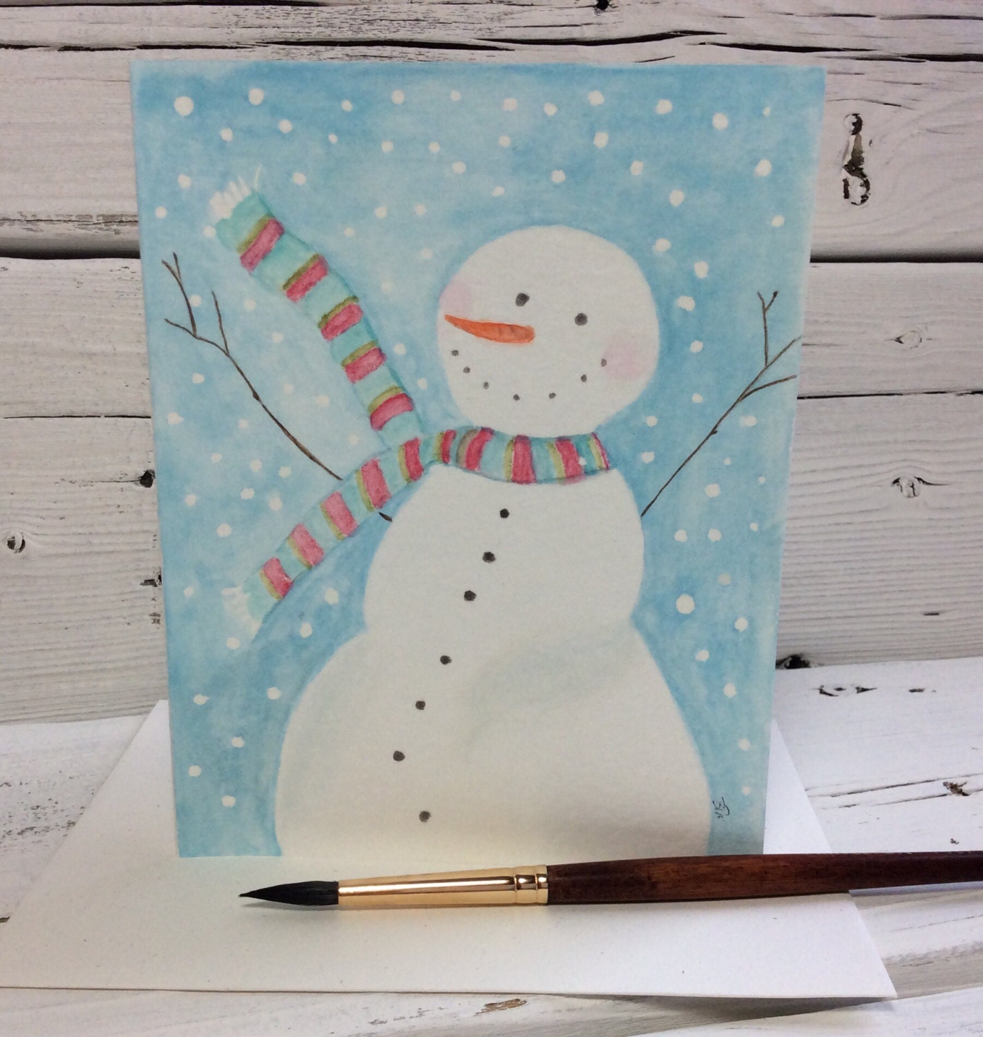 Snowman Watercolor Holiday Greeting Card Hand Painted